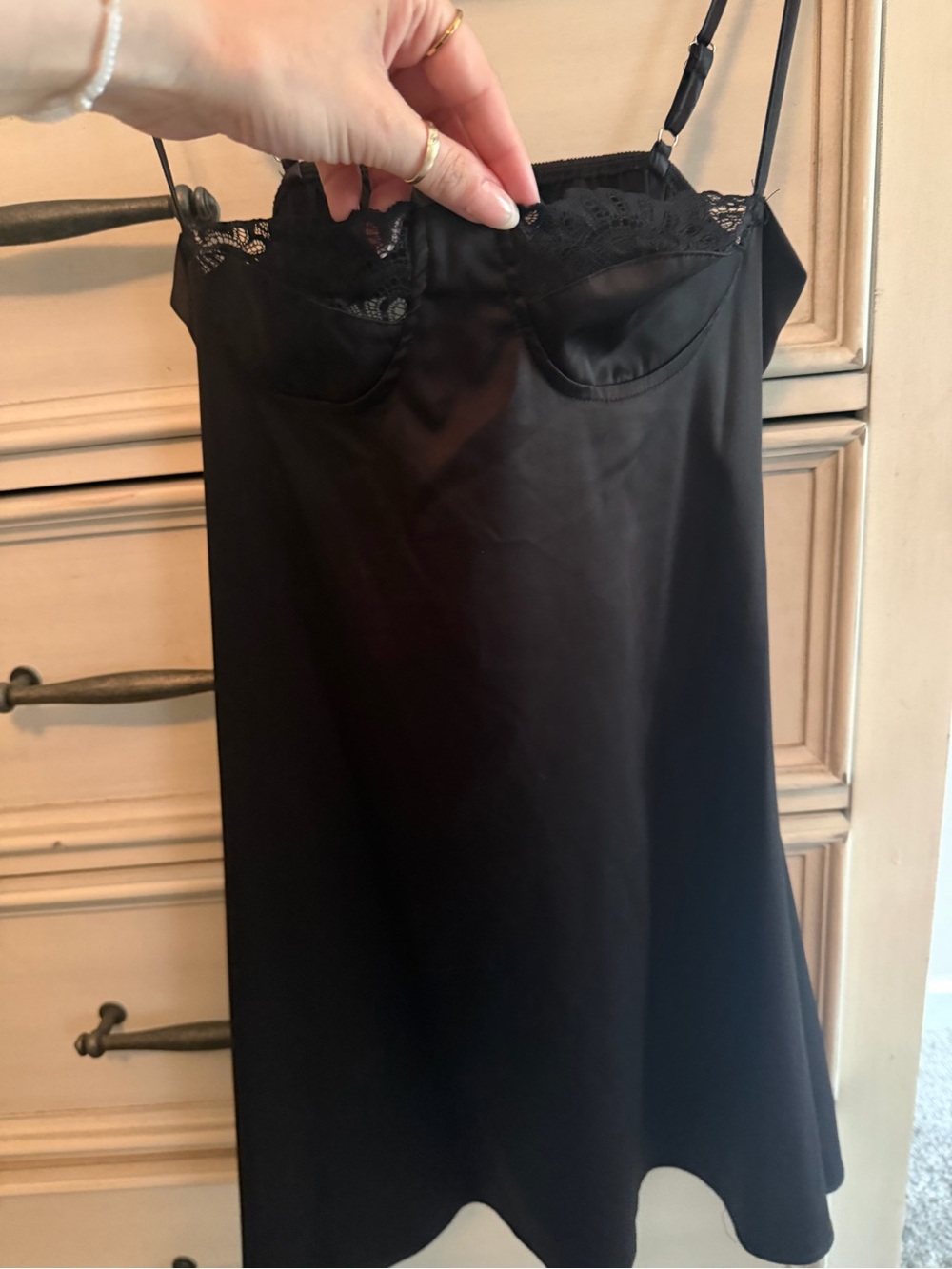 Satin Lace-Trim Mini Slip Dress - Black